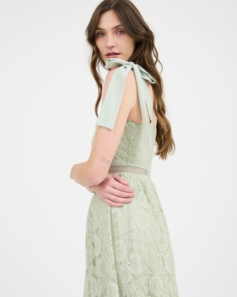 Blu Pepper Lace Tie Strap Sheer Trim Sleeveless Midi Dress