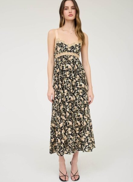Mine Floral Lace Trim Ribbon Strap Back Tie Midi Dress
