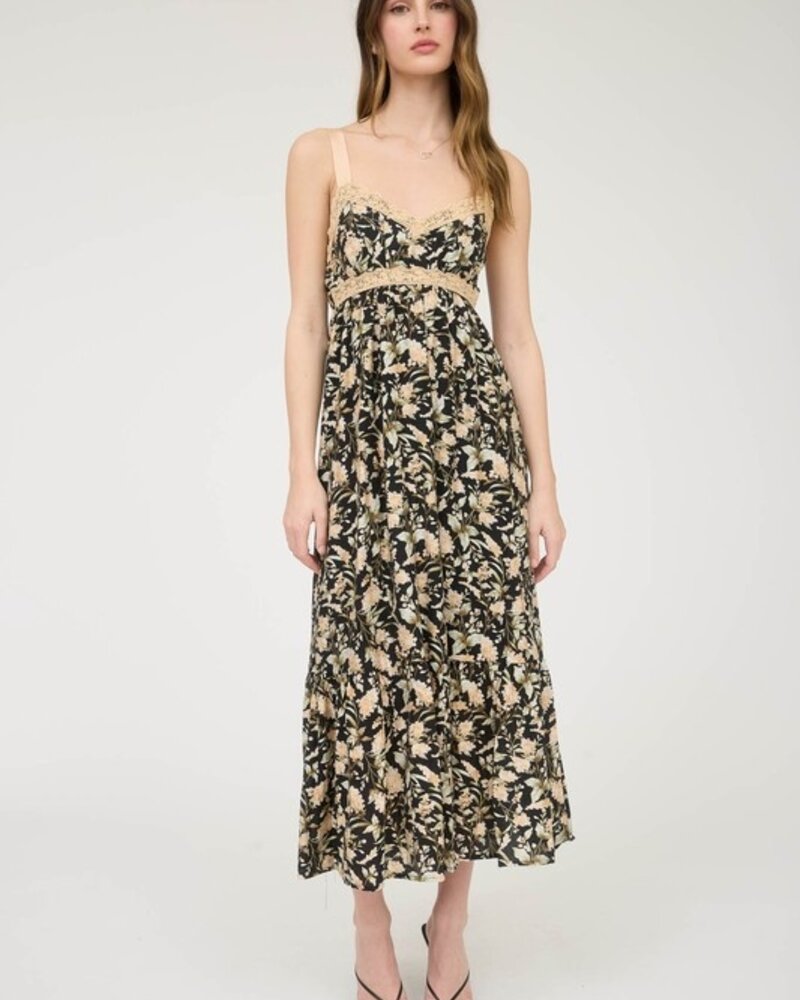 Mine Floral Lace Trim Ribbon Strap Back Tie Midi Dress