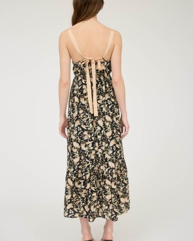 Mine Floral Lace Trim Ribbon Strap Back Tie Midi Dress