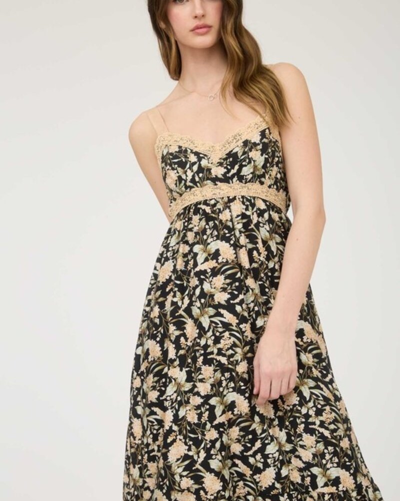 Mine Floral Lace Trim Ribbon Strap Back Tie Midi Dress