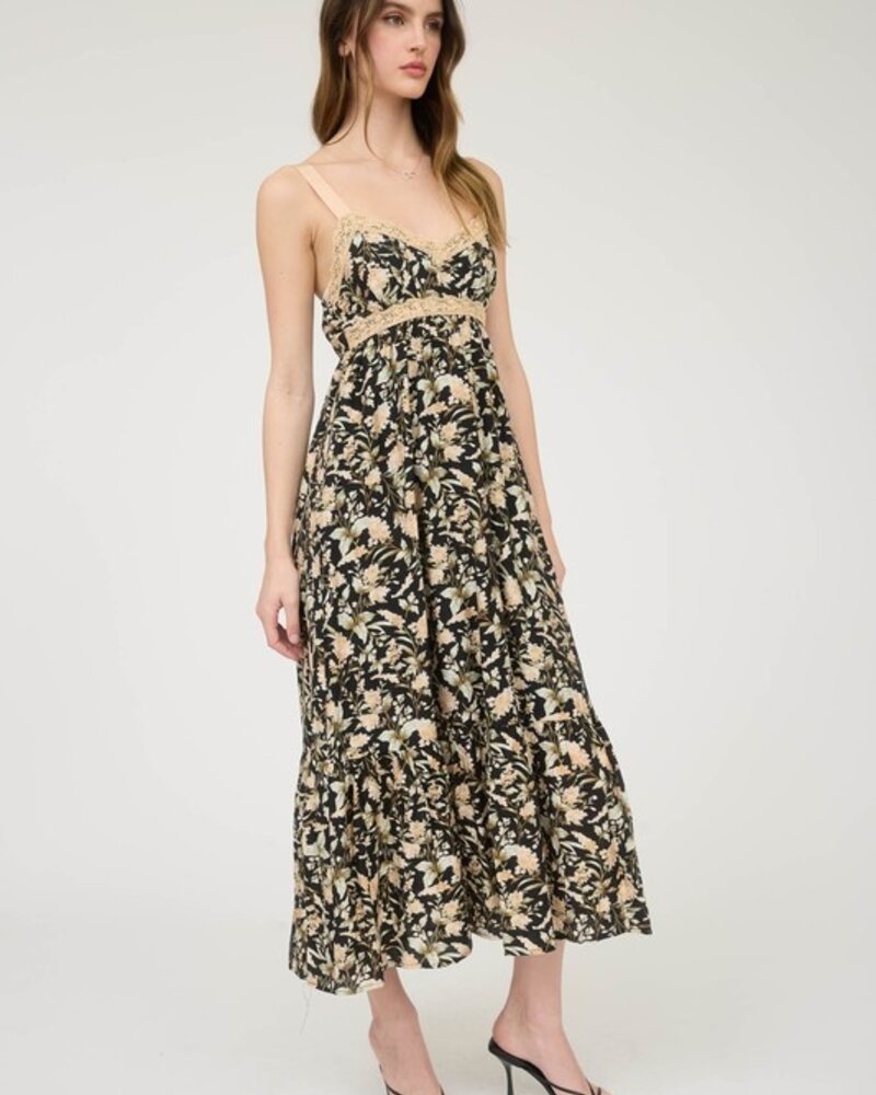 Mine Floral Lace Trim Ribbon Strap Back Tie Midi Dress