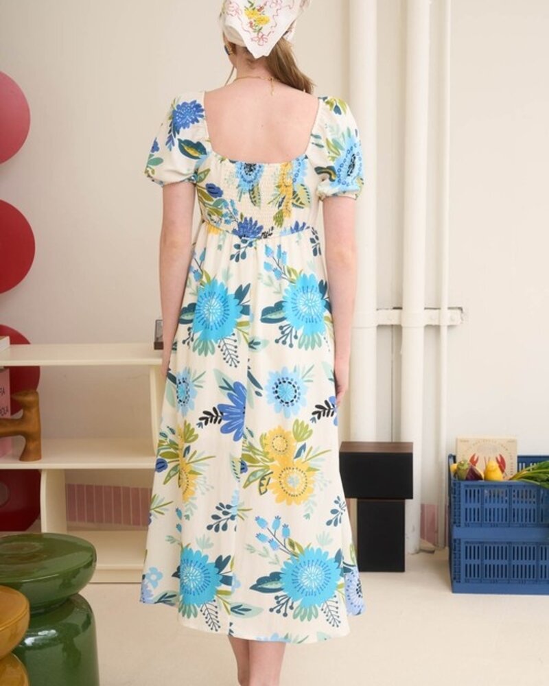 Blu Pepper Floral Print Short Puff Sleeve A-Line Midi