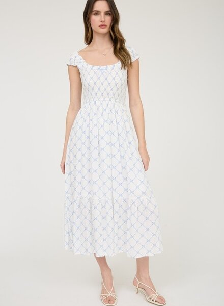 Blu Pepper Bow Pattern Ruched Sleeve Smocked Midi
