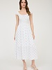Blu Pepper Bow Pattern Ruched Sleeve Smocked Midi