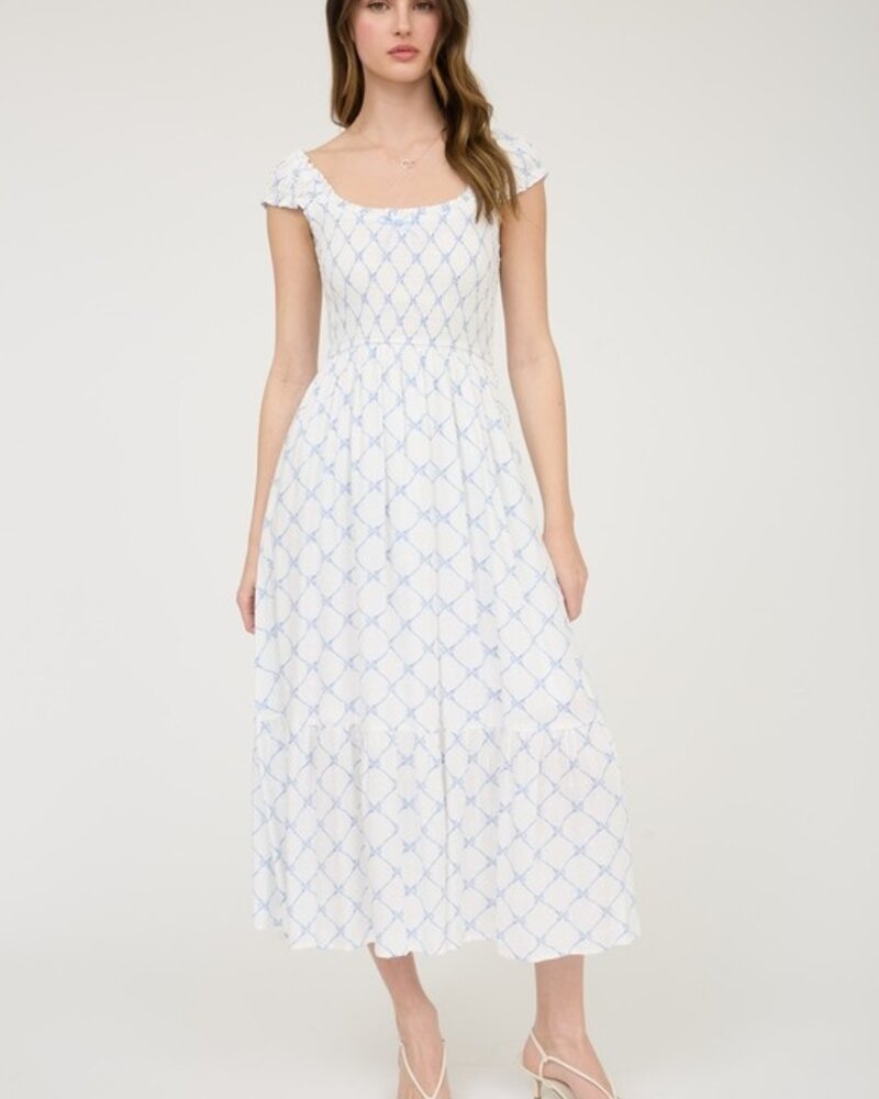 Blu Pepper Bow Pattern Ruched Sleeve Smocked Midi