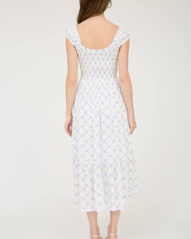 Blu Pepper Bow Pattern Ruched Sleeve Smocked Midi