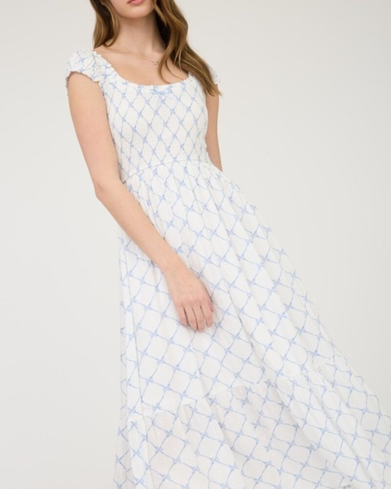 Blu Pepper Bow Pattern Ruched Sleeve Smocked Midi