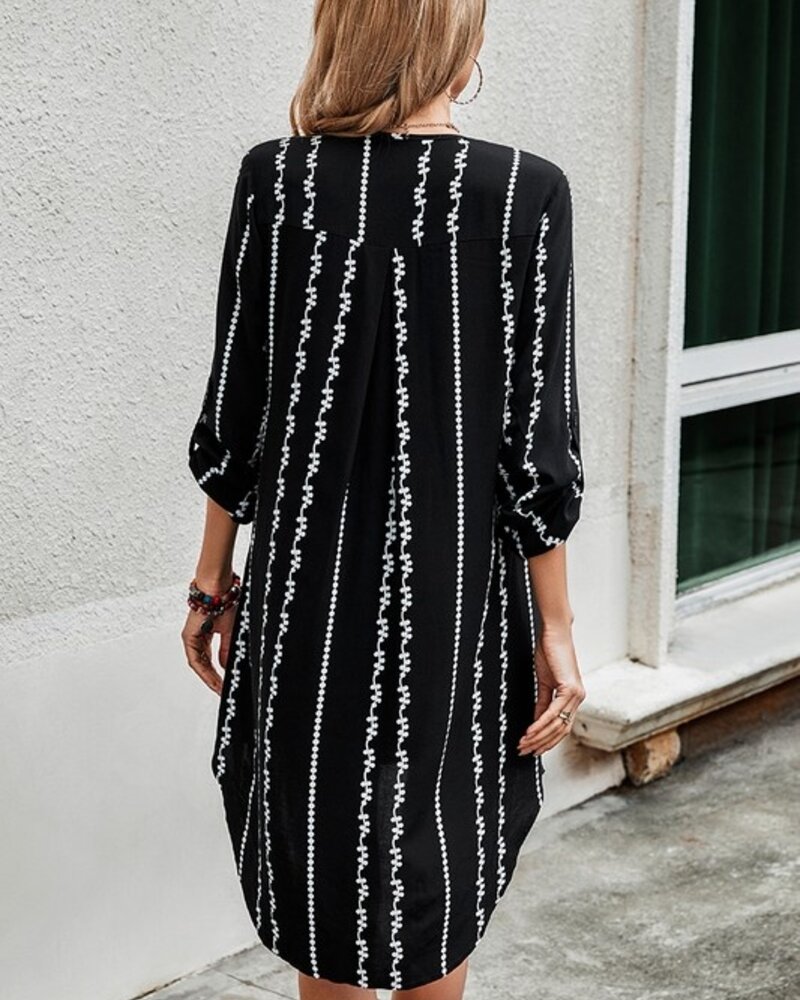 Supreme Fashion Graphic Strip Color Clock Loose Fit V Neck Dress