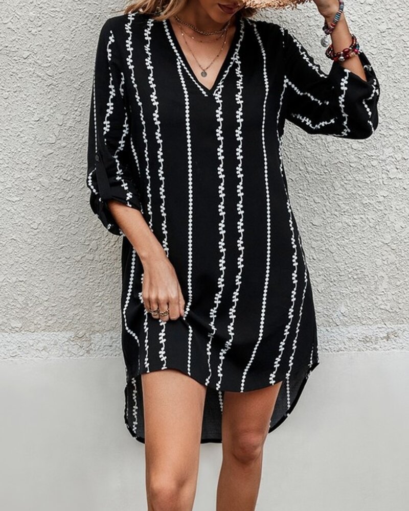 Supreme Fashion Graphic Strip Color Clock Loose Fit V Neck Dress