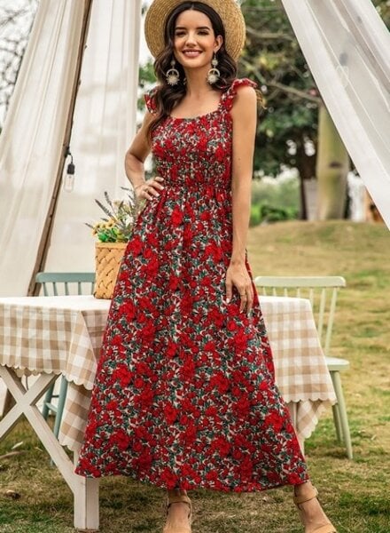 Supreme Fashion Floral Shirred Sleeveless A Line Dress