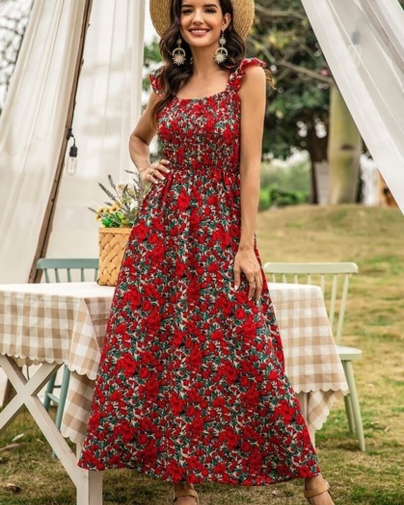 Supreme Fashion Floral Shirred Sleeveless A Line Dress
