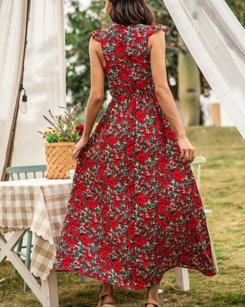 Supreme Fashion Floral Shirred Sleeveless A Line Dress