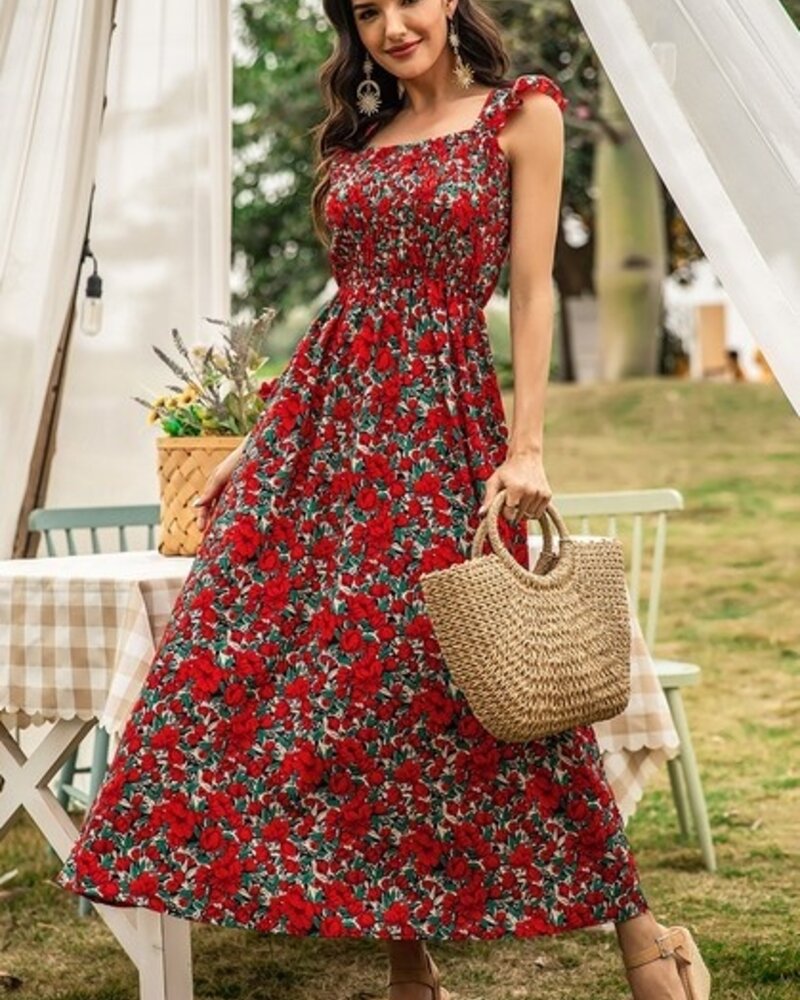 Supreme Fashion Floral Shirred Sleeveless A Line Dress