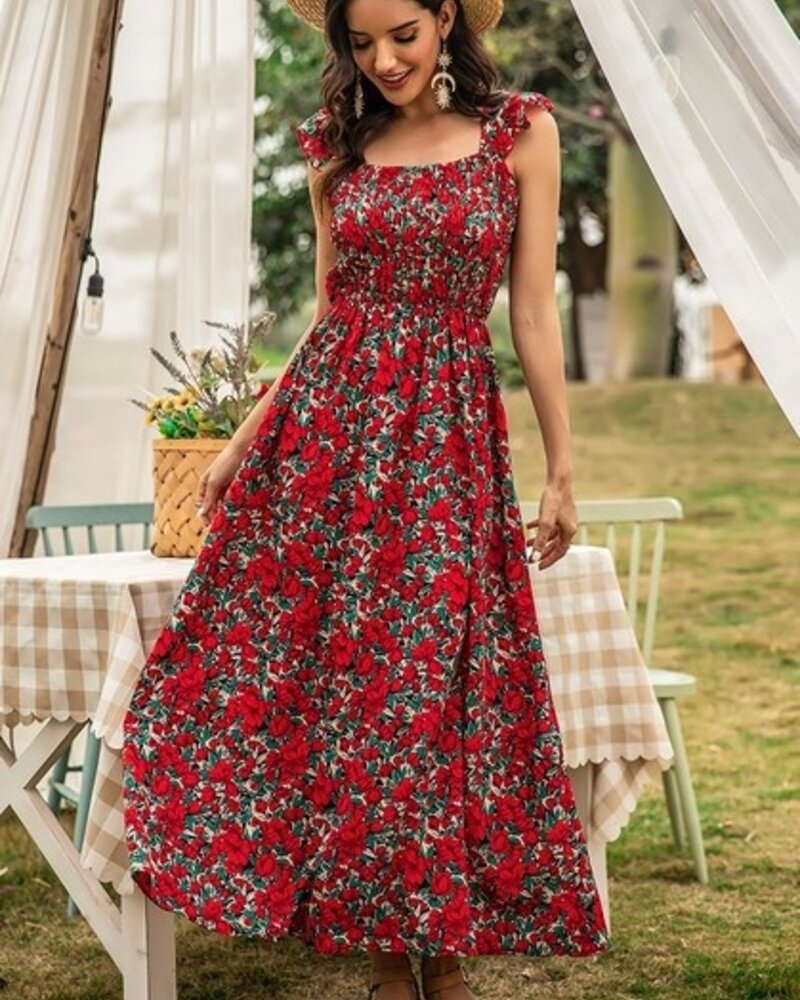 Supreme Fashion Floral Shirred Sleeveless A Line Dress