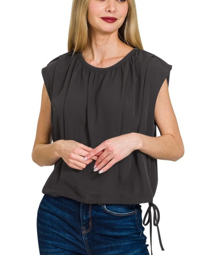Woven Drawstring Tie Side Sleeveless Top