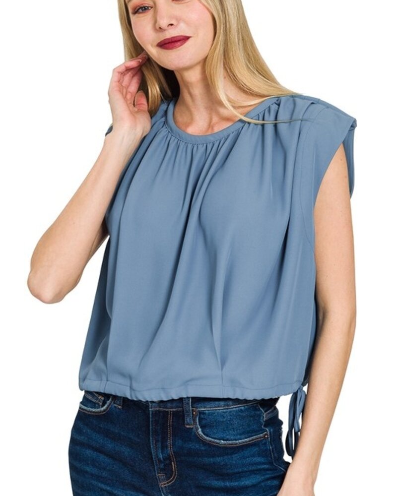 Woven Drawstring Tie Side Sleeveless Top