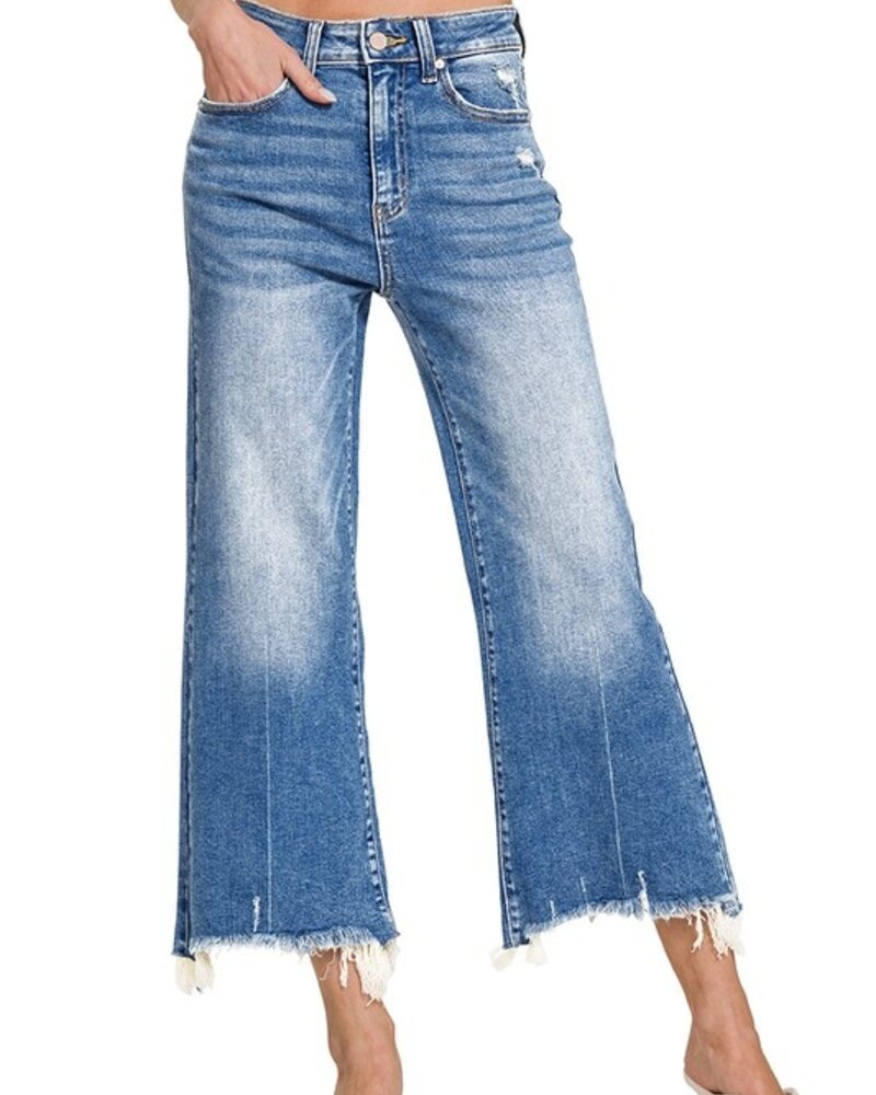 Mid Rise Staright Raw Hem Denim Pants