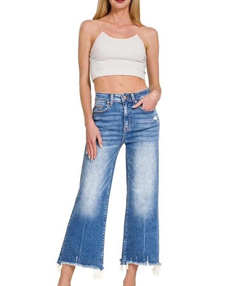 Mid Rise Staright Raw Hem Denim Pants