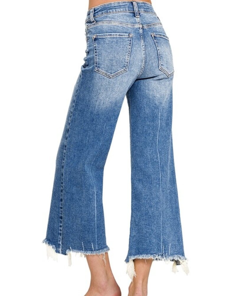 Mid Rise Staright Raw Hem Denim Pants