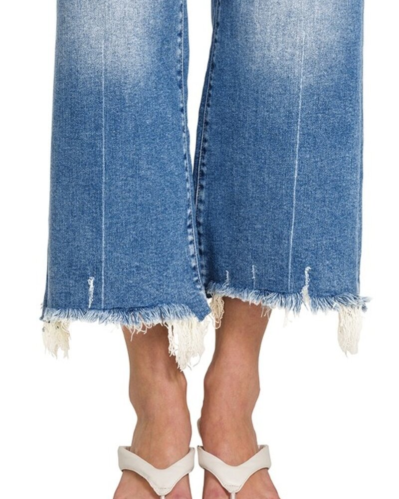 Mid Rise Staright Raw Hem Denim Pants