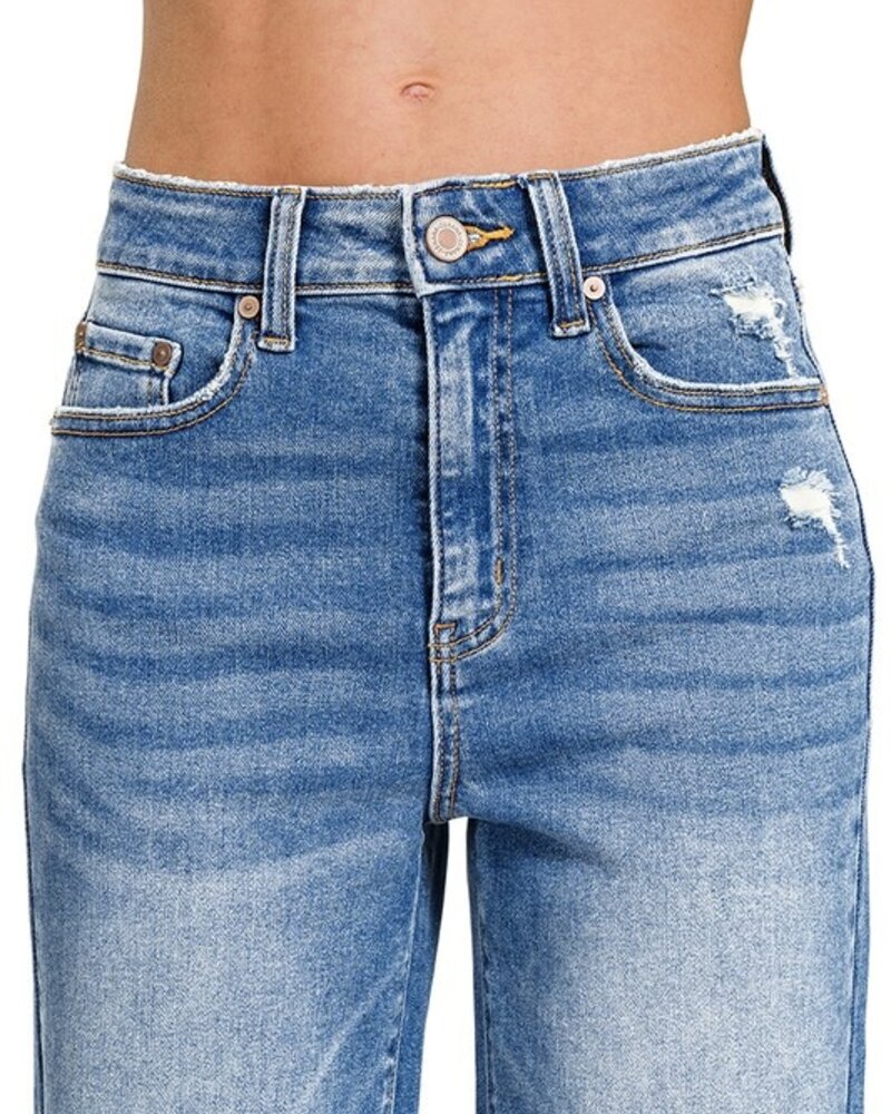 Mid Rise Staright Raw Hem Denim Pants