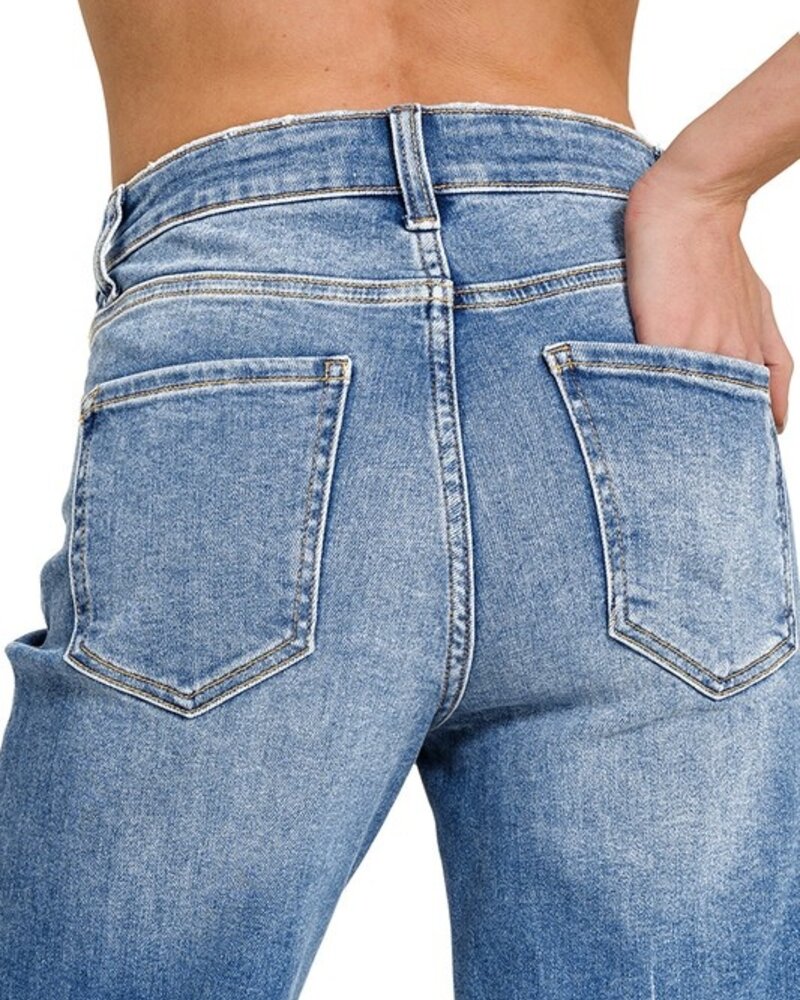 Mid Rise Staright Raw Hem Denim Pants
