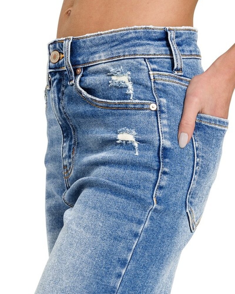 Mid Rise Staright Raw Hem Denim Pants