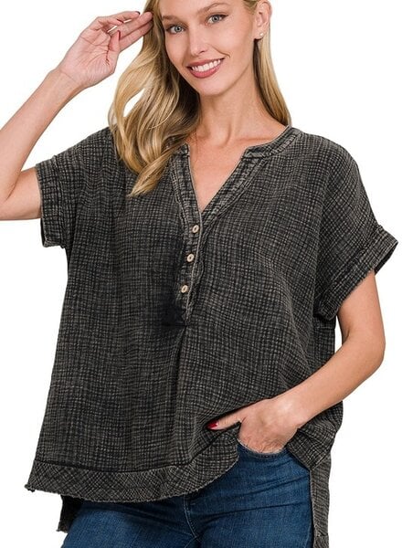 Washed Double Gauze 3/4 Button Henley Neck Shirt