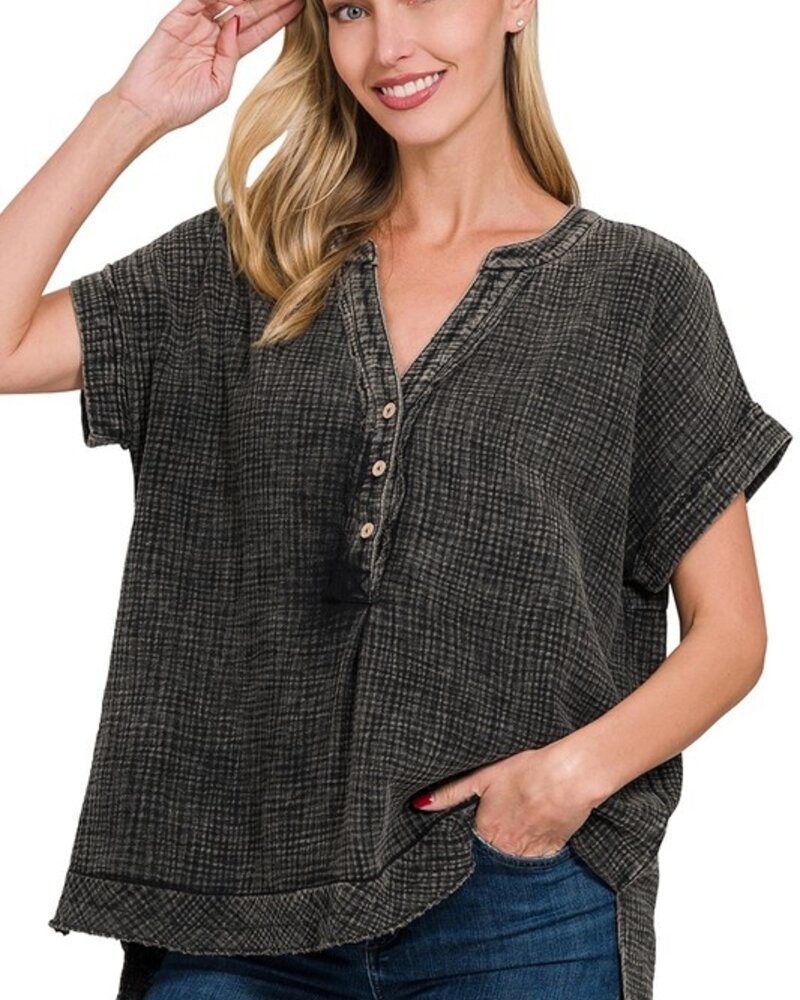Washed Double Gauze 3/4 Button Henley Neck Shirt