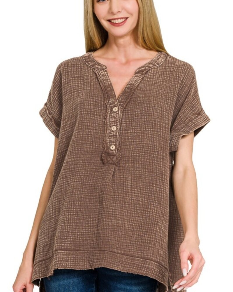 Washed Double Gauze 3/4 Button Henley Neck Shirt