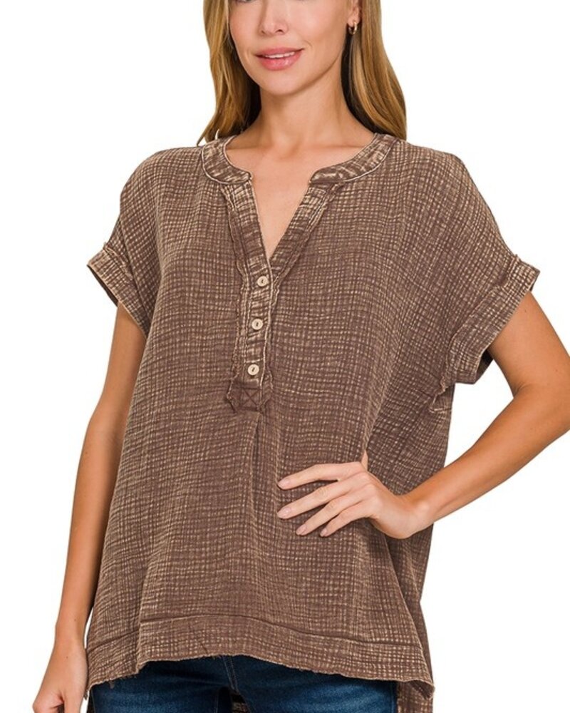 Washed Double Gauze 3/4 Button Henley Neck Shirt