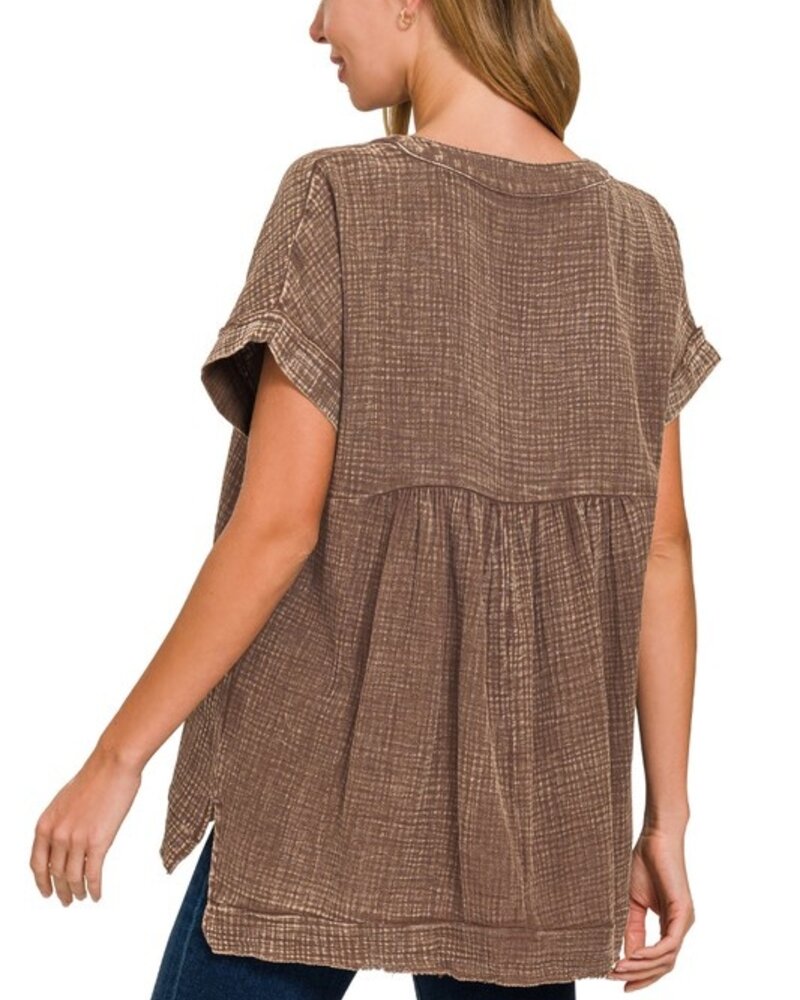 Washed Double Gauze 3/4 Button Henley Neck Shirt