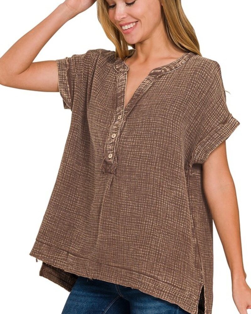 Washed Double Gauze 3/4 Button Henley Neck Shirt