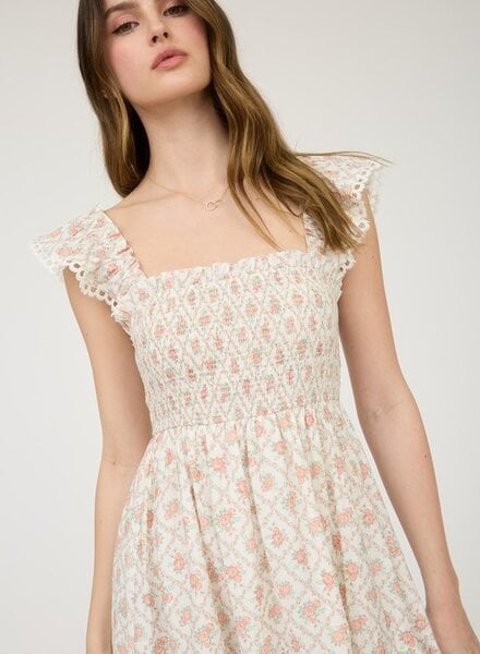 Blu Pepper Floral Trellis Pattern Smocked Mini Dress