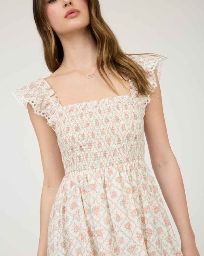 Blu Pepper Floral Trellis Pattern Smocked Mini Dress