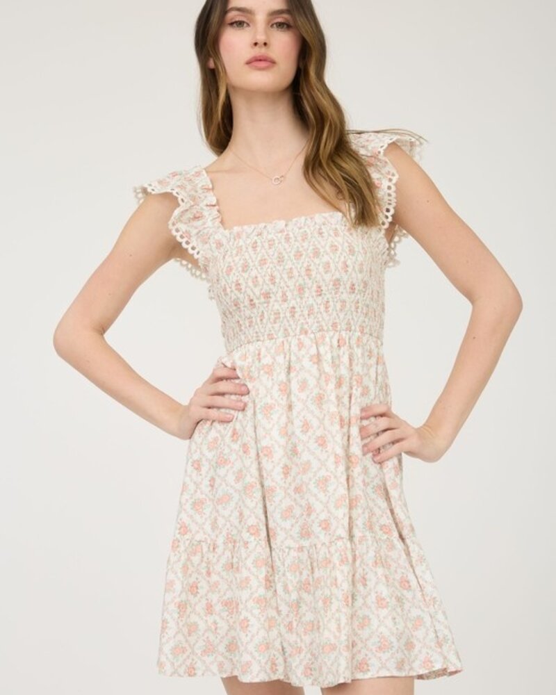 Blu Pepper Floral Trellis Pattern Smocked Mini Dress