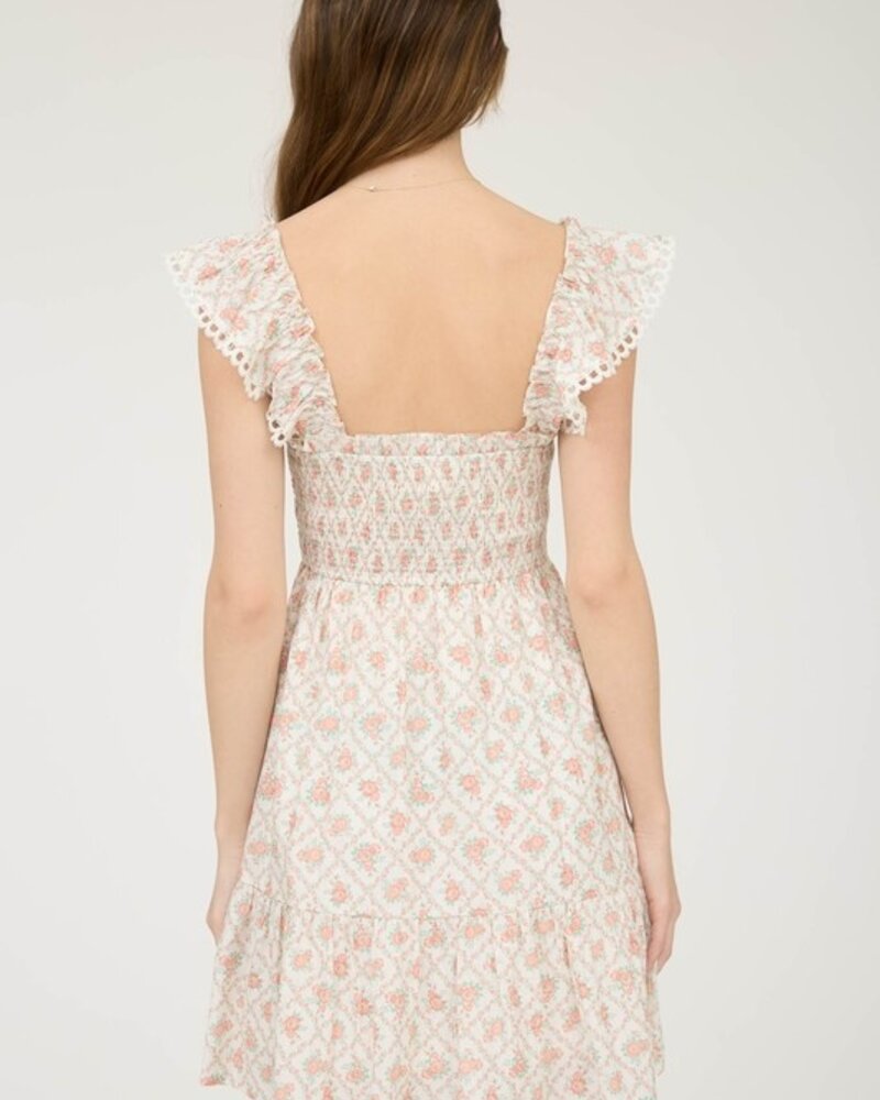 Blu Pepper Floral Trellis Pattern Smocked Mini Dress
