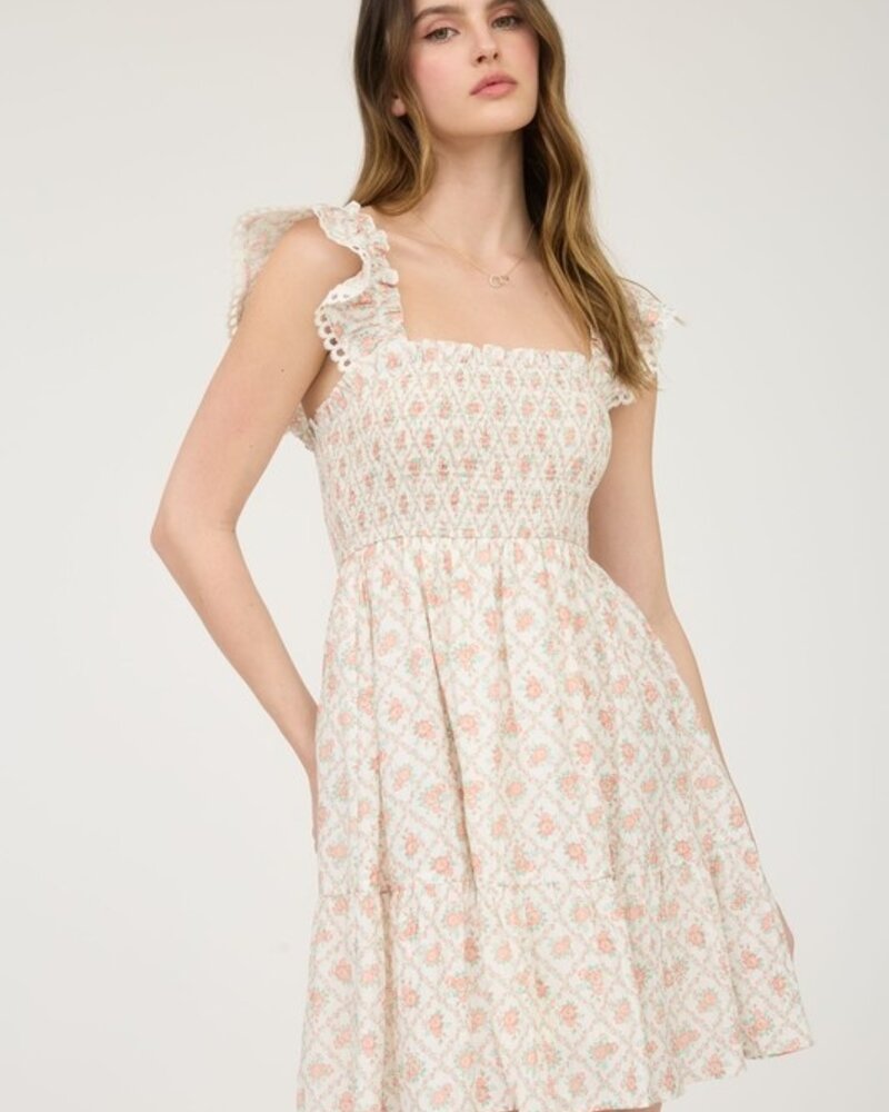 Blu Pepper Floral Trellis Pattern Smocked Mini Dress