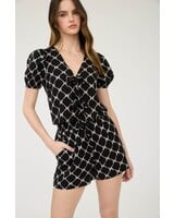 Blu Pepper Bow Pattern Front Tie Puff Sleeve Linen Blouse