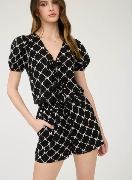 Blu Pepper Bow Pattern Front Tie Puff Sleeve Linen Blouse