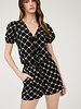 Blu Pepper Bow Pattern Front Tie Puff Sleeve Linen Blouse