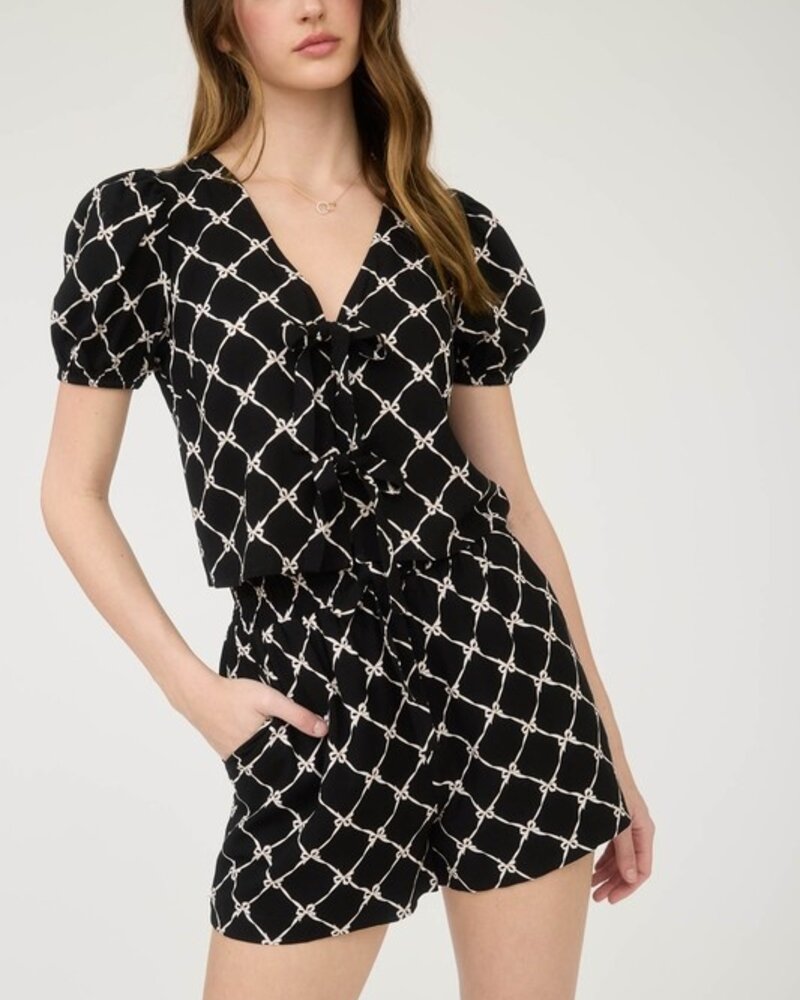 Blu Pepper Bow Pattern Front Tie Puff Sleeve Linen Blouse