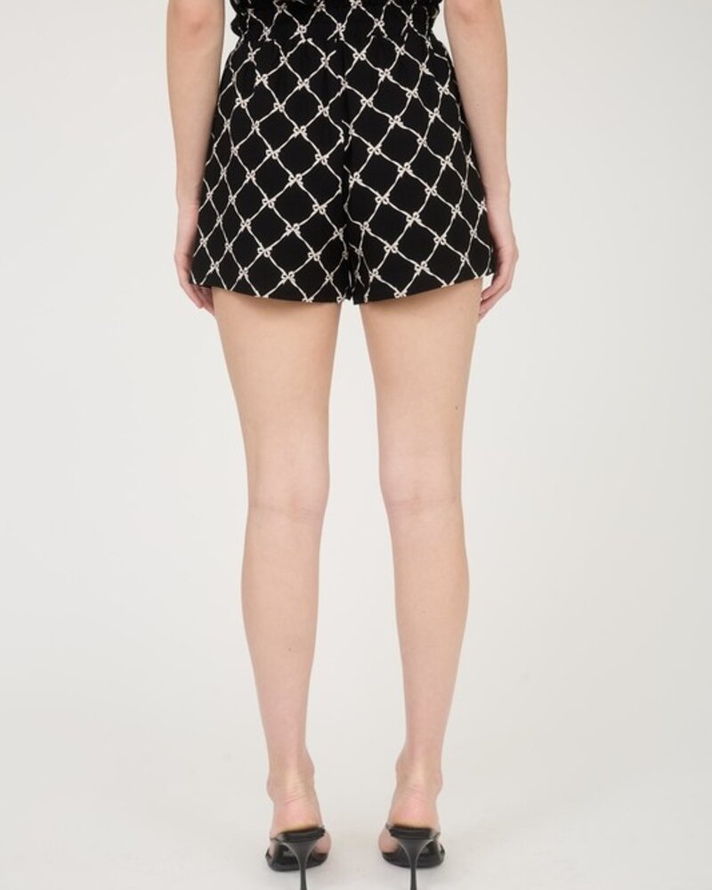 Blu Pepper Bow Pattern High Elastic Waist Linen Mini Shorts