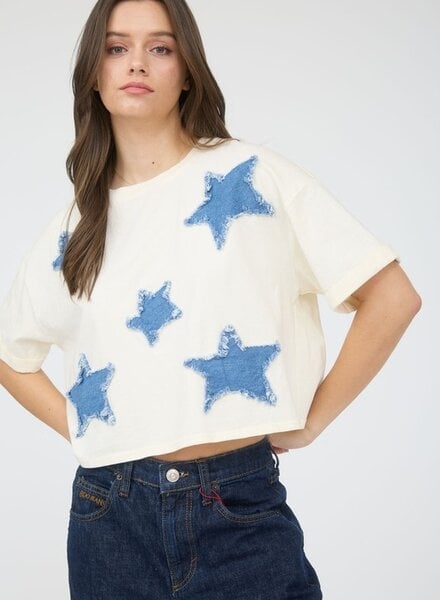 J.O.A Denim Star Patch Short Sleeve Knit T-shirt