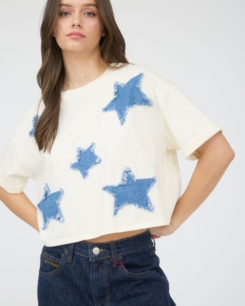 J.O.A Denim Star Patch Short Sleeve Knit T-shirt