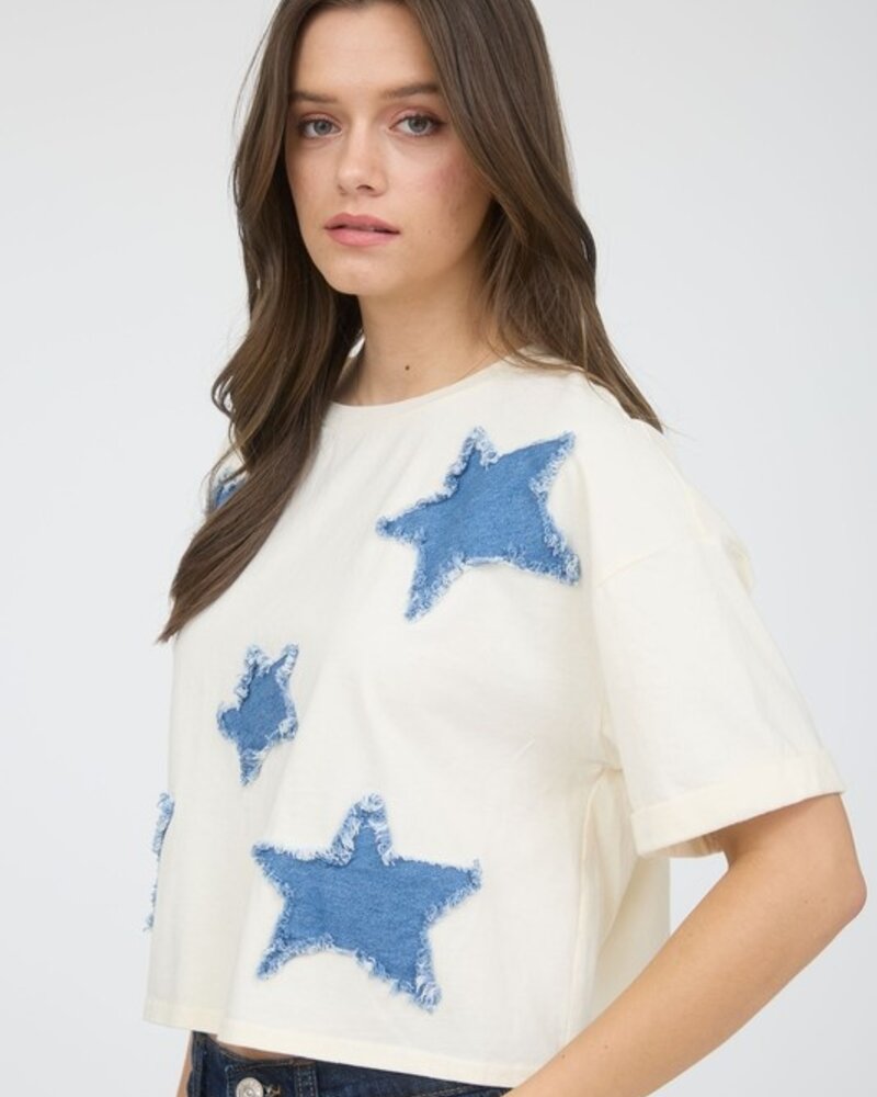 J.O.A Denim Star Patch Short Sleeve Knit T-shirt