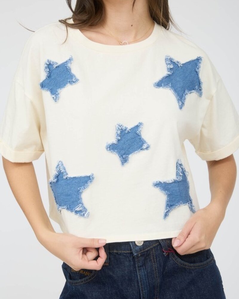 J.O.A Denim Star Patch Short Sleeve Knit T-shirt