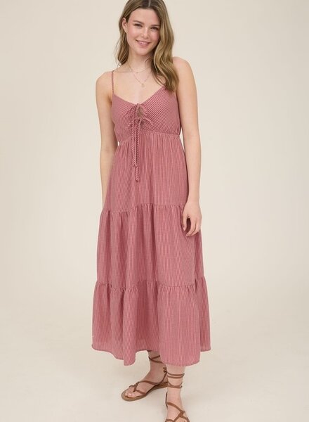 Blu Pepper Stripe Front Tie Cut-out Tiered Midi Sundress