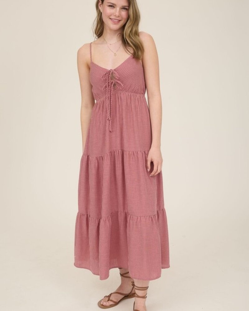 Blu Pepper Stripe Front Tie Cut-out Tiered Midi Sundress